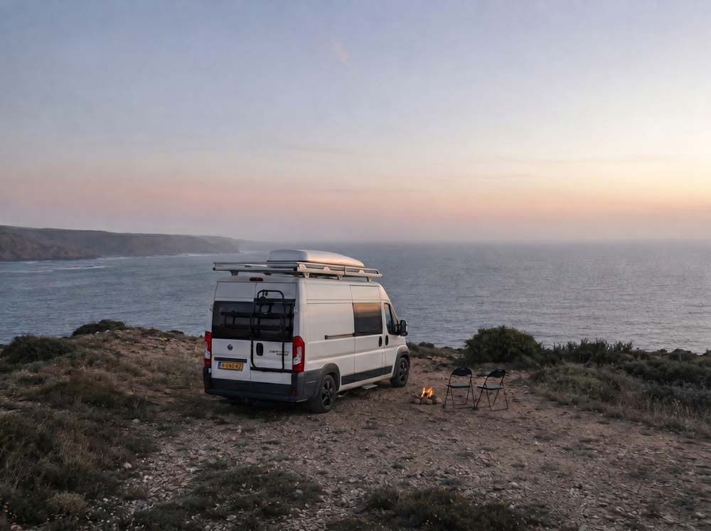 De bus aan de kust bij zonsondergang, met vuur en stoelen